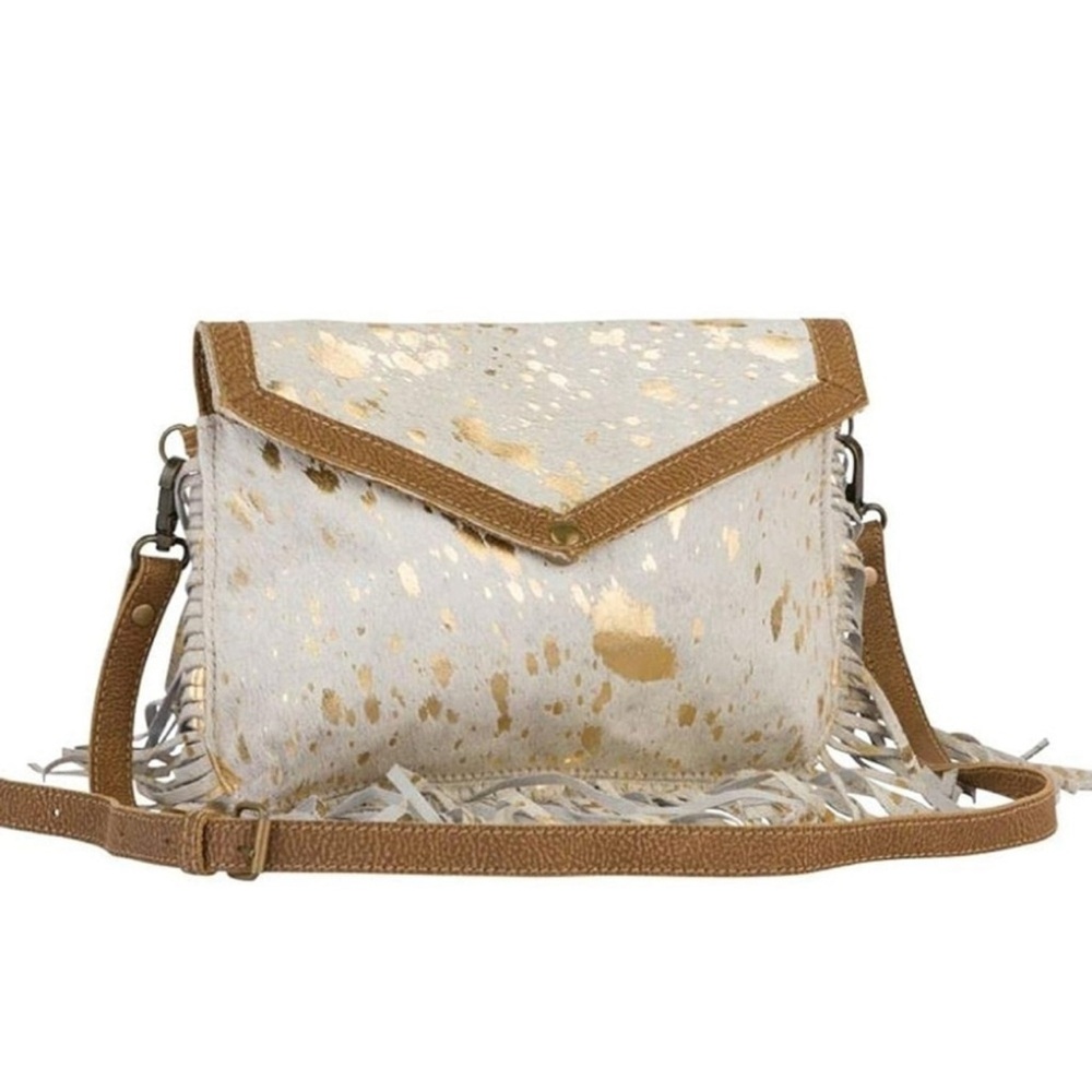 Myra Bag White Pony Hair On Fringe Shoulder or Crossbody Bag With Gold Foil